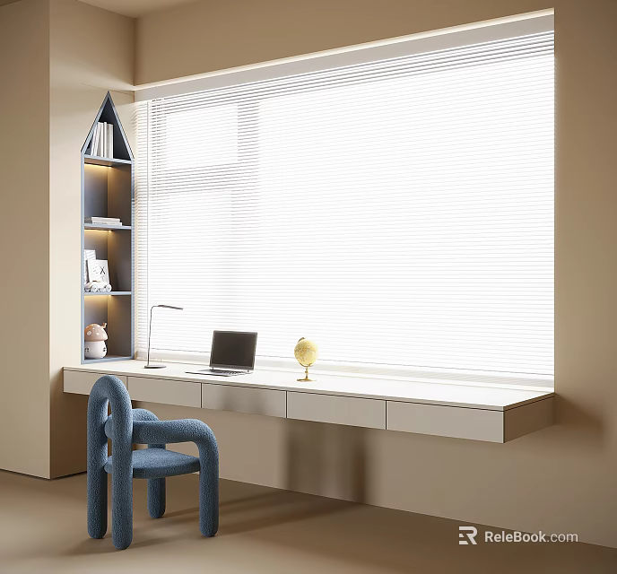 Modern Window Desk With Laptop Globe Lamp And Blue Chair Near Shelf 3d model 
