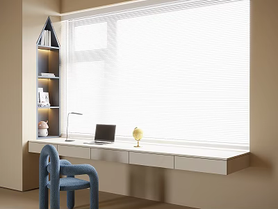 Modern Window Desk With Laptop Globe Lamp And Blue Chair Near Shelf 3d model