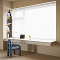 Modern Window Desk With Laptop Globe Lamp And Blue Chair Near Shelf