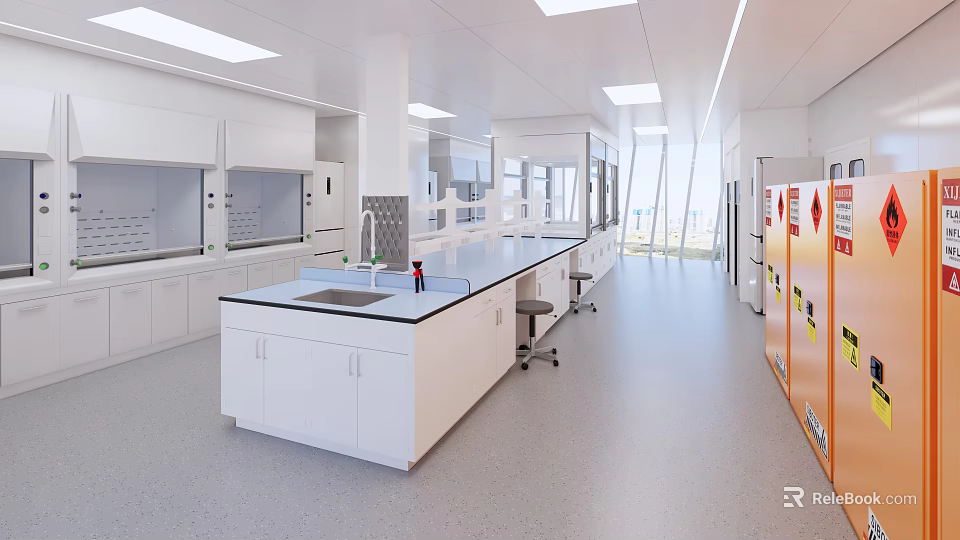 Modern Laboratory Interior Design With Lab Benches Cabinets Fume Hoods And Windows 3d model 