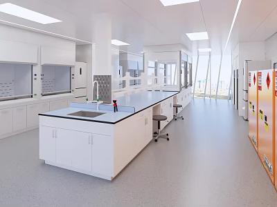 Modern Laboratory Interior Design With Lab Benches Cabinets Fume Hoods And Windows 3d model