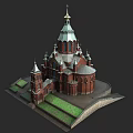 Intricate Religious Church Model With Red Architecture Green Dome Spires Golden Details And Green Lawns