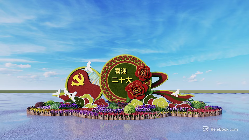 Flower Bed Flower Pots with Communist Party Emblem Doves Roses Under Blue Sky by Water 3d model 