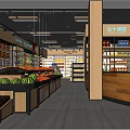 Supermarket Interior With Organized Shelves Fresh Fruits Vegetables Checkout Counter And Products