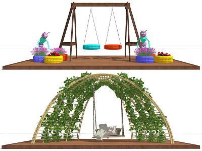Decorative Outdoor Swing Setup With Wooden Frame Green Figures Two Swings And Vine Arch 3d model