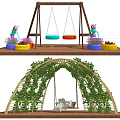 Decorative Outdoor Swing Setup With Wooden Frame Green Figures Two Swings And Vine Arch