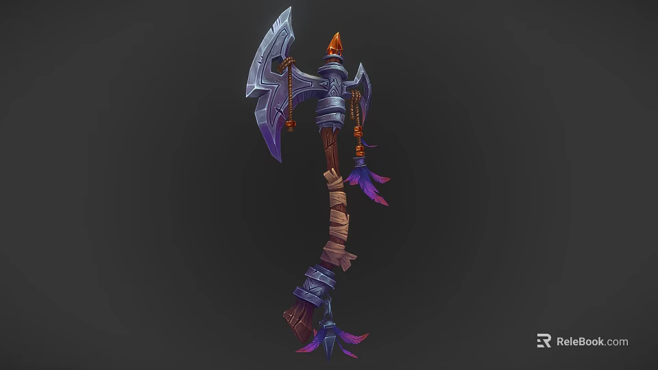 Fantasy Axe Design with Flame Accent Chain Wooden Handle and Purple Feathers 3d model 
