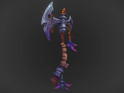 Fantasy Axe Design with Flame Accent Chain Wooden Handle and Purple Feathers 3d model