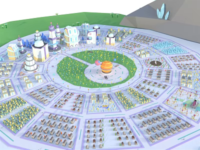 Cartoon City Scene Featuring Circular Layout Central Orange Structure Green Area And Colorful Buildings 3d model