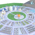 Cartoon City Scene Featuring Circular Layout Central Orange Structure Green Area And Colorful Buildings