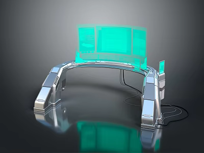 Modern Tech Console with Curved Green Screen and Metallic Stand Design 3d model
