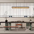 Traditional Modern Tea Room Interior With Wooden Table Stone Base And Hanging Lamp