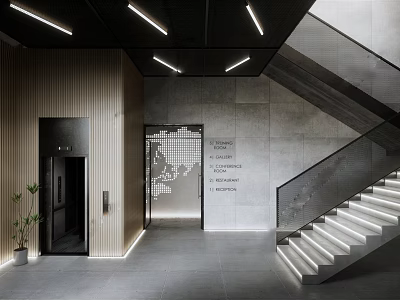 Modern Elevator Hallway With Staircase Linear Lighting And Concrete Walls 3d model