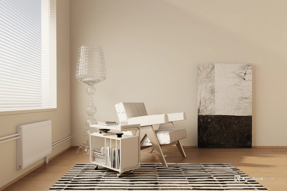 Modern White Leisure Chair With Side Table Floor Lamp Striped Rug And Wall Art 3d model 