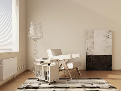 Modern White Leisure Chair With Side Table Floor Lamp Striped Rug And Wall Art 3d model