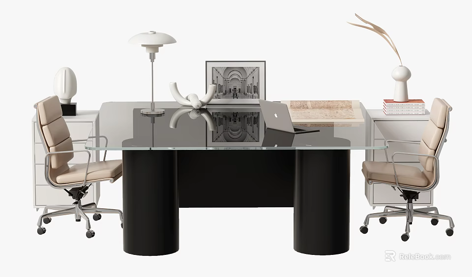 Modern Office Desk With Glass Top Black Legs Office Chairs And Laptop 3d model 