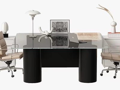 Modern Office Desk With Glass Top Black Legs Office Chairs And Laptop 3d model