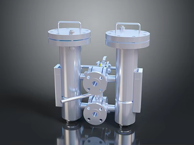 Two Silver Cylindrical Industrial Devices With Top Covers And Connecting Pipes And Valves 3d model