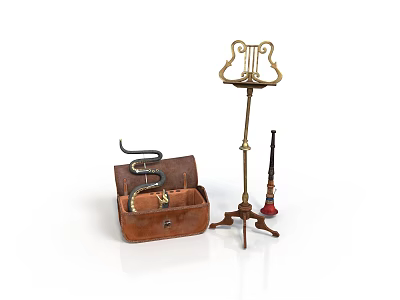 Open Vintage Leather Trunk With Coiled Snake Candelabra And Red Pipe 3d model
