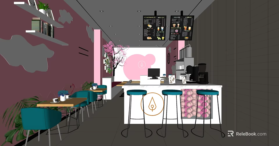 Pink Themed Bubble Tea Shop Interior With Cherry Blossom Decor Blue Chairs And Bar Counter 3d model 