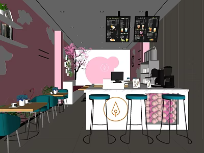 Pink Themed Bubble Tea Shop Interior With Cherry Blossom Decor Blue Chairs And Bar Counter 3d model