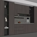 Modern Kitchen Cabinets With Dark Wood Finish Open Shelves Lighting And Coffee Machine
