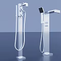 Two Modern Shower Faucets Featuring Handheld and Overhead Showerheads on Square Bases in Product