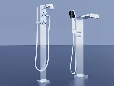 Two Modern Shower Faucets Featuring Handheld and Overhead Showerheads on Square Bases in Product 3d model