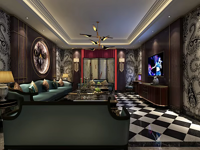 Elegant KTV Interior Design With Sofa Coffee Table TV Screen Chandelier And Checkered Floor 3d model