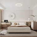 Modern Bedroom Interior With Round Ceiling Light Circular Wall Decor And Comfortable Bed 3d model