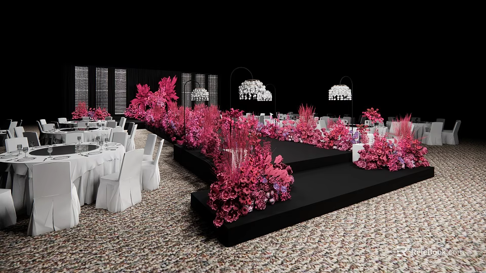 Elegant Banquet Hall Featuring Pink Floral Arrangements Black Stage White Tables Chandeliers And Patterned Carpet 3d model 