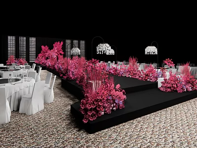 Elegant Banquet Hall Featuring Pink Floral Arrangements Black Stage White Tables Chandeliers And Patterned Carpet 3d model