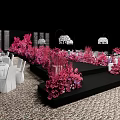Elegant Banquet Hall Featuring Pink Floral Arrangements Black Stage White Tables Chandeliers And Patterned Carpet