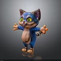 Cute Cartoon Kitten with Blue and Orange Fur Big Green Eyes Arms Outstretched Standing