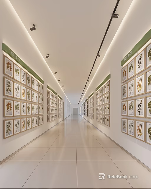Spacious Elevator Hallway With Framed Botanical Specimen Paintings On Both Walls And Bright Lighting 3d model 