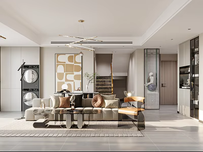 Modern Luxury Living Dining Room Interior With Beige Sofa Coffee Table And Artwork 3d model
