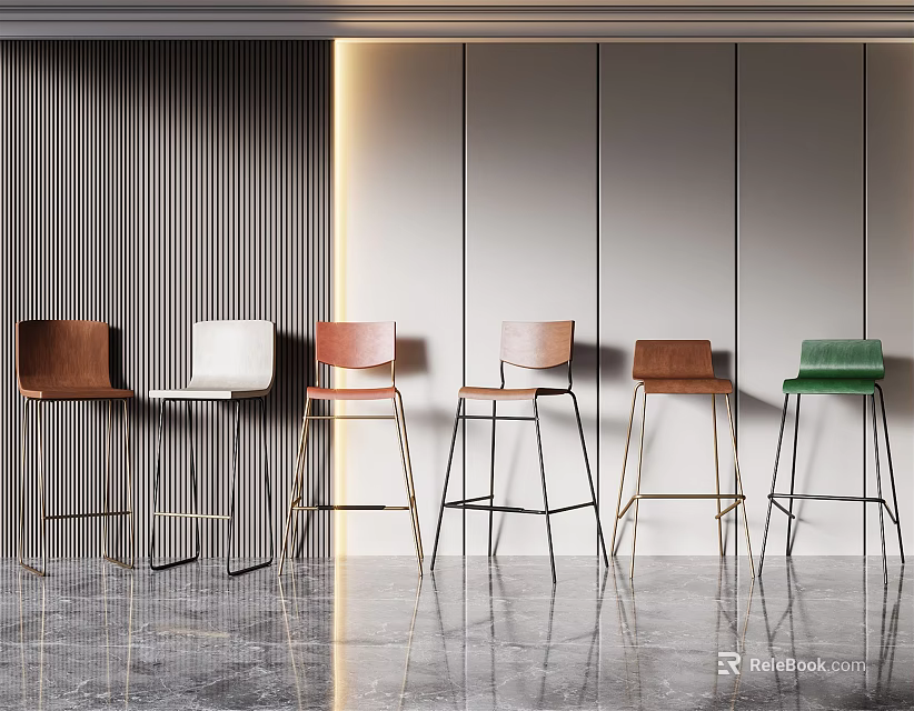 Modern Bar Stools With Metal Frames And Various Colored Seats In Contemporary Interior 3d model