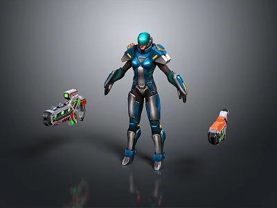 Futuristic Game and Movie Character in Blue Silver Armor With Small Green Red Orange Robots 3d model