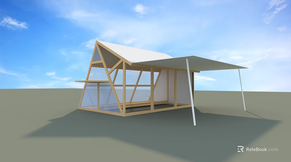 Modern Wooden House With Triangular Roof Large Glass Windows And Extended Awning 3d model 
