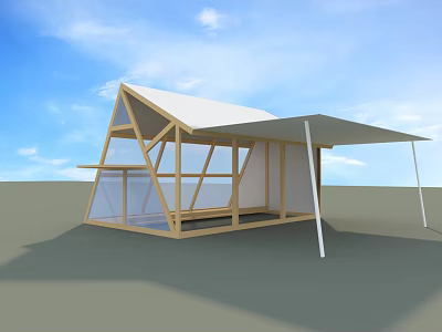 Modern Wooden House With Triangular Roof Large Glass Windows And Extended Awning 3d model