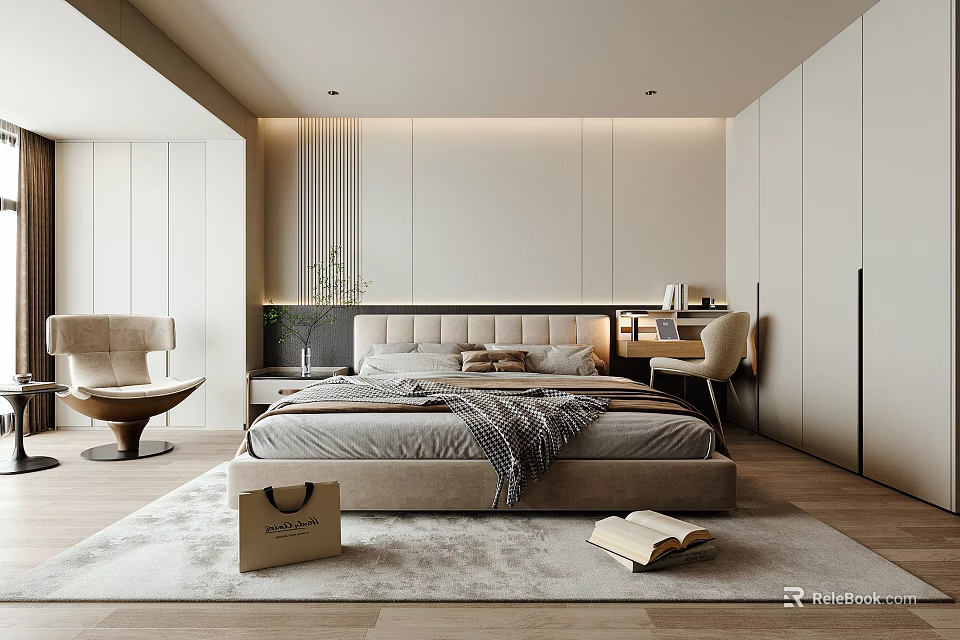 Modern Bedroom Interior Design With Comfortable Bed Headboard Armchair Rug And Built in Cabinet 3d model 