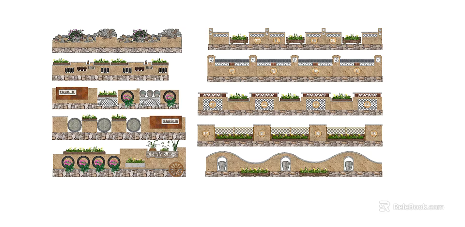 Diverse Garden Landscape Designs With Stone Walls Plants And Decorative Elements 3d model