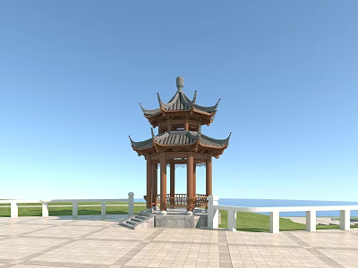 Ancient Chinese Traditional Pavilion With Blue Sky Sea Plaza And Railings 3d model