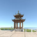 Ancient Chinese Traditional Pavilion With Blue Sky Sea Plaza And Railings