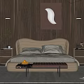 Double Bed With Wooden Wall Background White Leaf Shaped Wall Art Wall Sconces and Bench