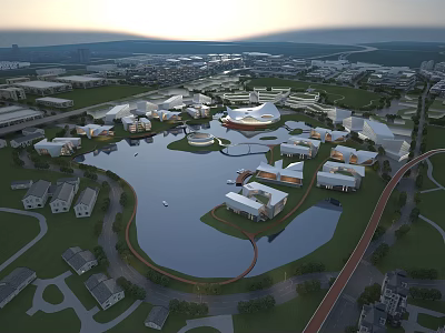 Modern Industrial Factory Complex With Central Water Area And Surrounding Green Spaces 3d model