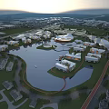 Modern Industrial Factory Complex With Central Water Area And Surrounding Green Spaces