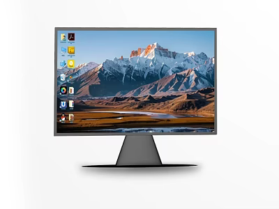 Modern Computer Monitor With Sleek Design Showing Mountain Landscape Wallpaper And Desktop Icons 3d model