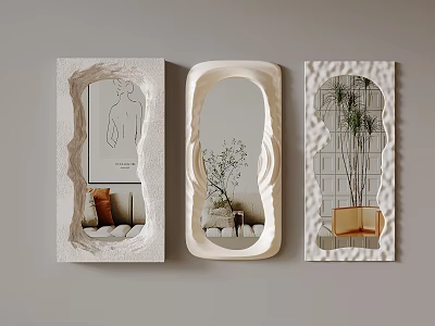 Elegant Decorative Mirrors with Unique Textured Frames and Indoor Plants in Modern Interior 3d model