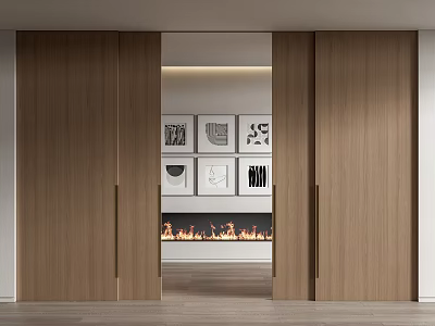 Wooden Sliding Doors Open To Reveal Fireplace And Decorative Paintings On Wall 3d model